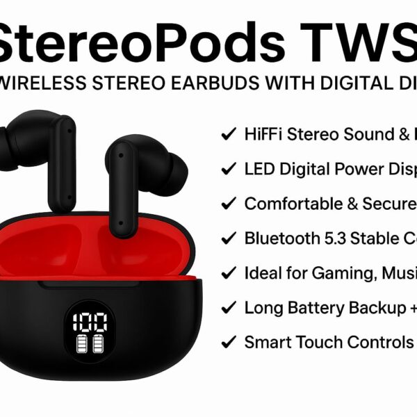 StereoPods TWS – Wireless Bluetooth Earbuds with Long Battery & HD Sound
